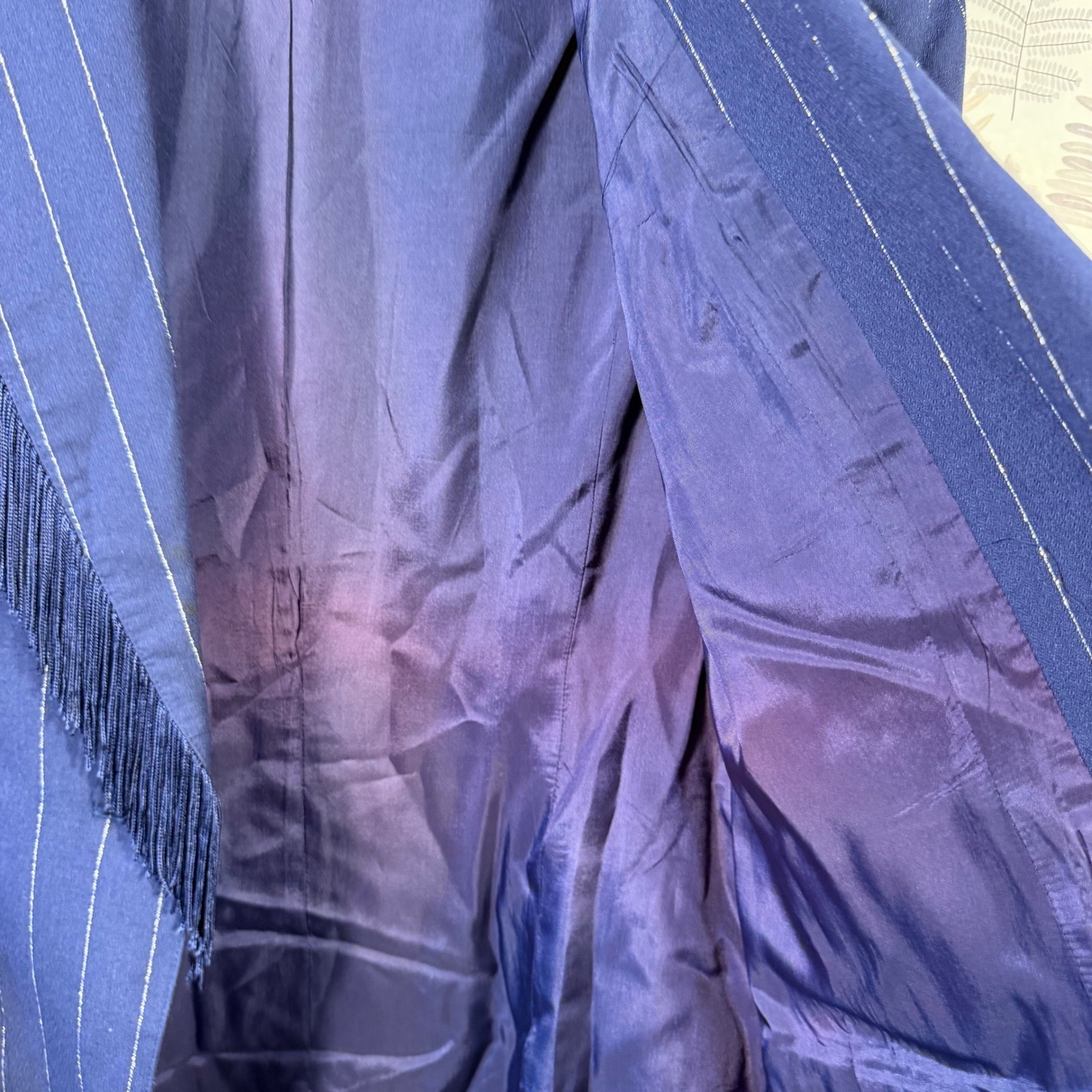 Vintage Memphis Navy Pinstripe Fringe Skirt Suit Set Western Blazer Large