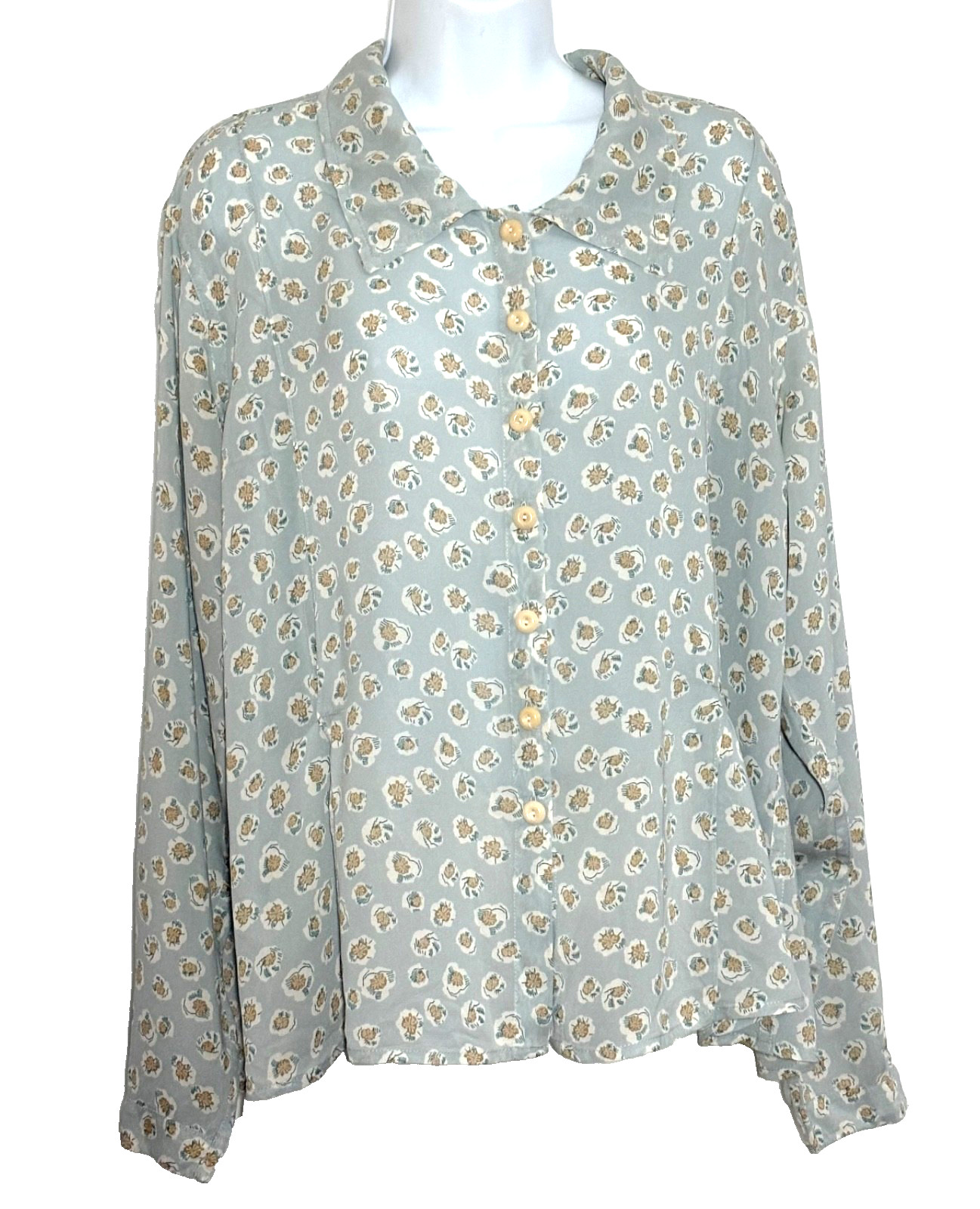 FLAX SOFT GREEN PRINT BLOUSE, MARKED SMALL BUT FITS LARGE , VINTAGE 1980’S