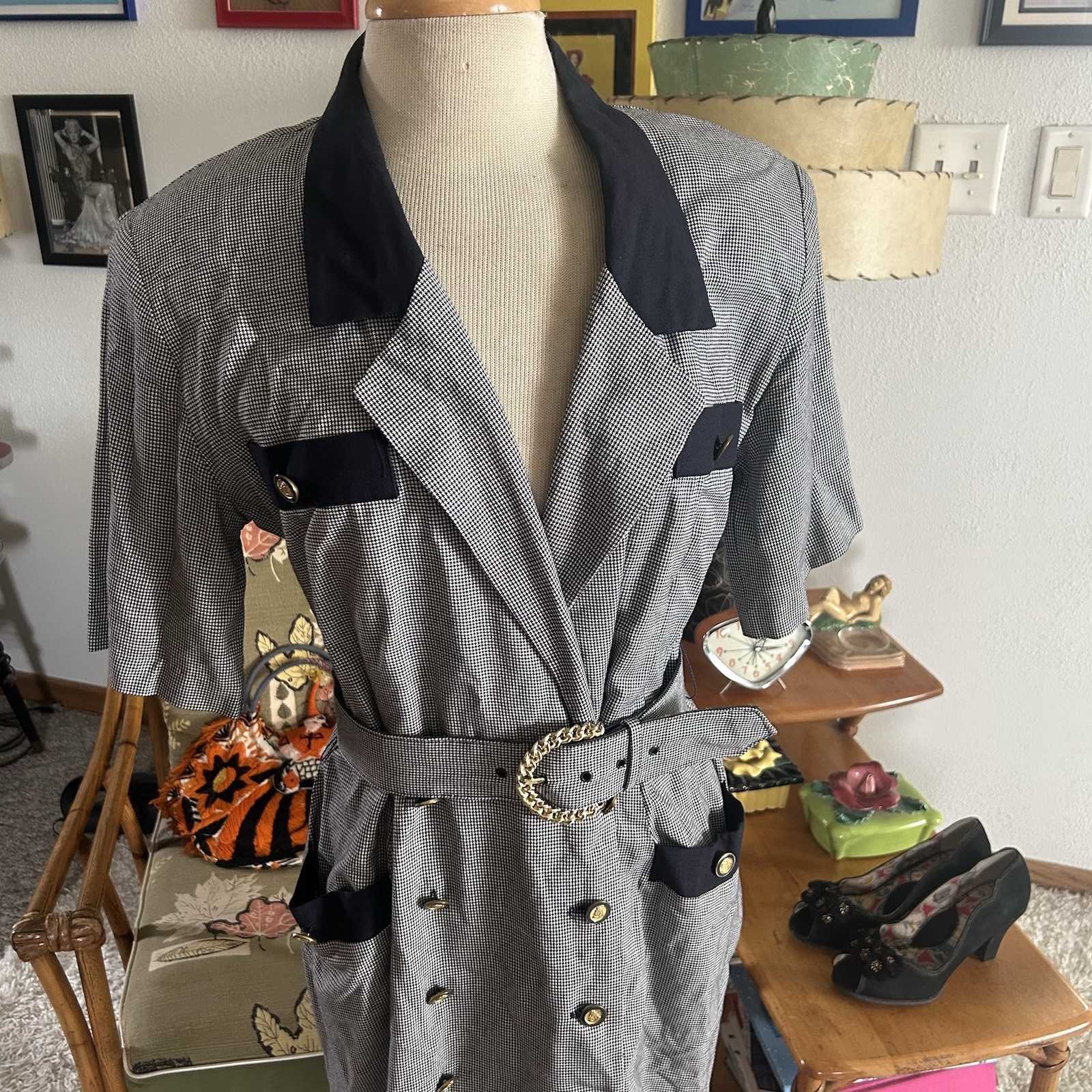 Vintage 1940s Style Dress | Houndstooth | Black | M L | Office | 40s 80s