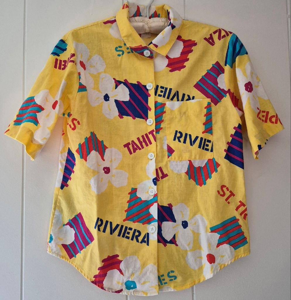 Vintage 1980s KORET PETITES Womens SHIRT Size 8 Blouse RIVIERA Tahiti TROPICAL