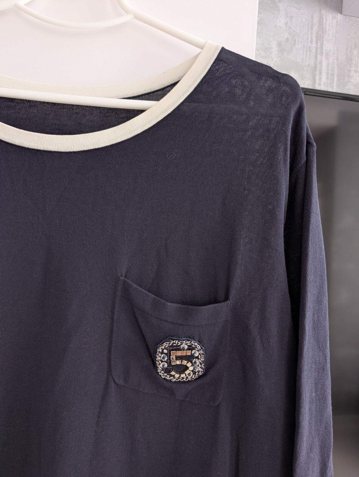 Chanel No 5 Embellished Logo Navy Silk Viscose Blouse Top T-Shirt Oversized 2XL