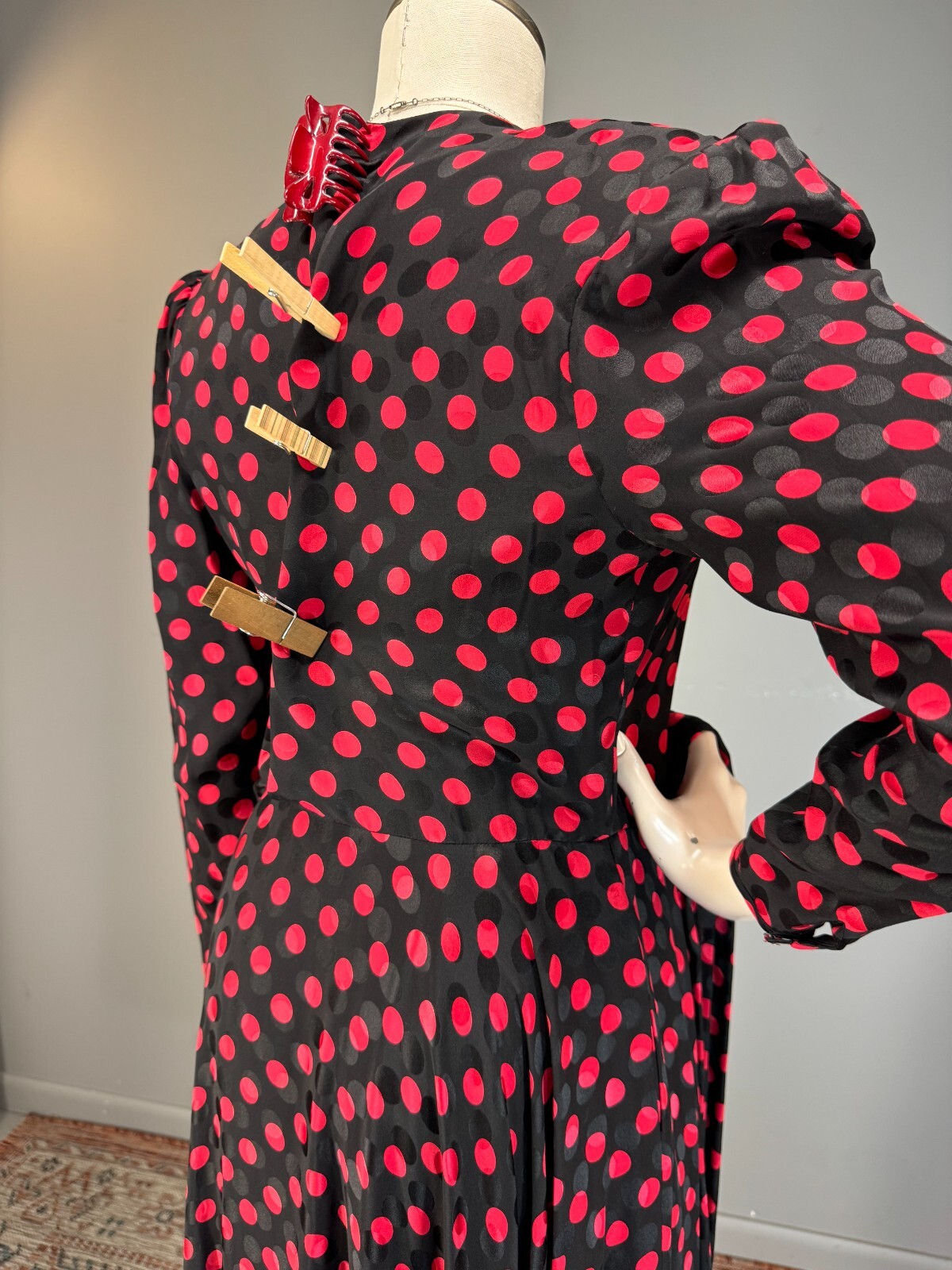 80s Silk Designer Wrap Shirt Dress Albert Nipon Polka Dot Red Black 200+ sweep!!