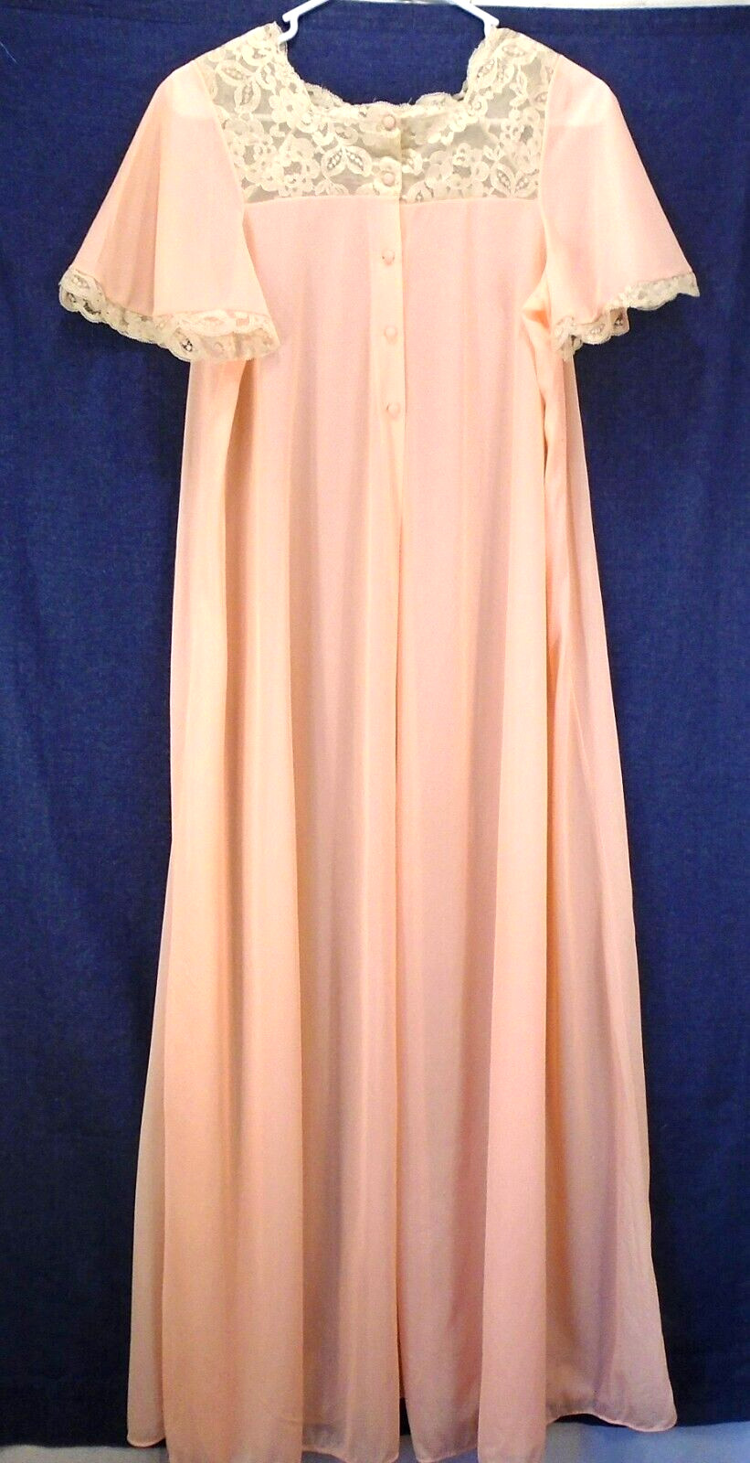 Vintage Peach Nylon Square Ecru Lace Yoke Flutter Short Sleeve Lingerie Robe S/M