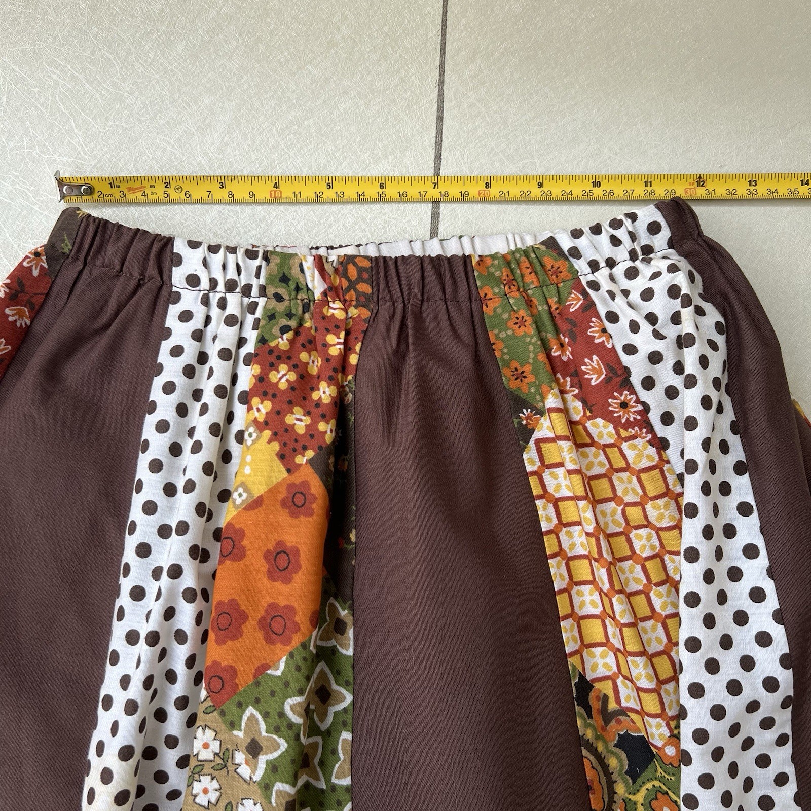 Vintage 70s Patchwork Maxi Skirt with Brown and Orange Tones Size Small