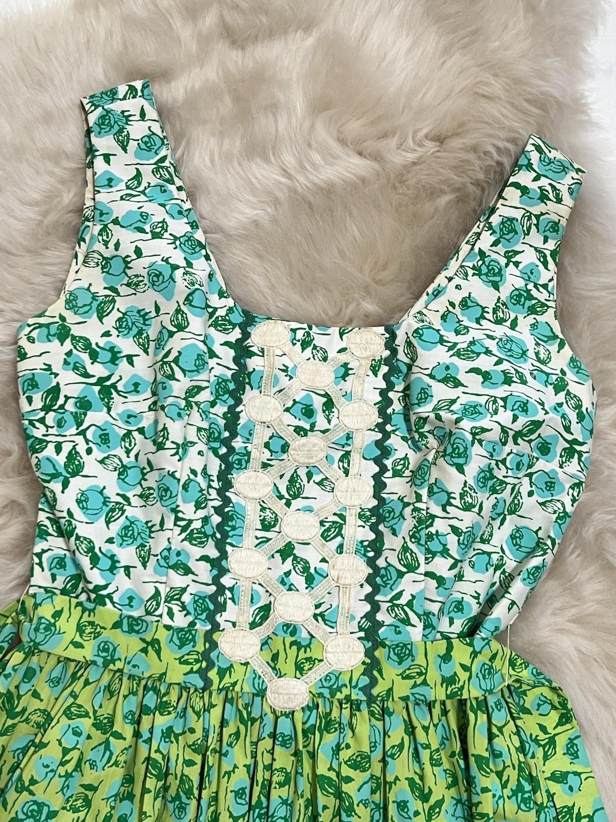 Vintage 1960s Lilly Pulitzer Dress Blue & Green Florals Rickrack Trim Tie Back
