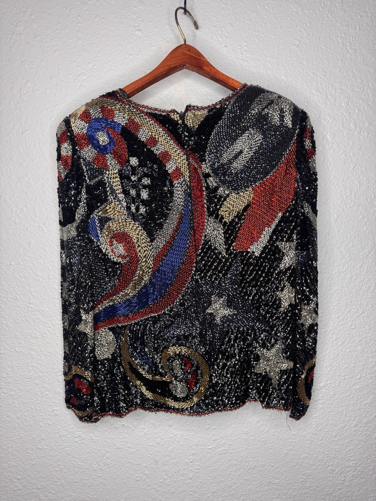 Vintage 80s Beaded Sequin Top Small Abstract Celestial Statement Shoulder Pads