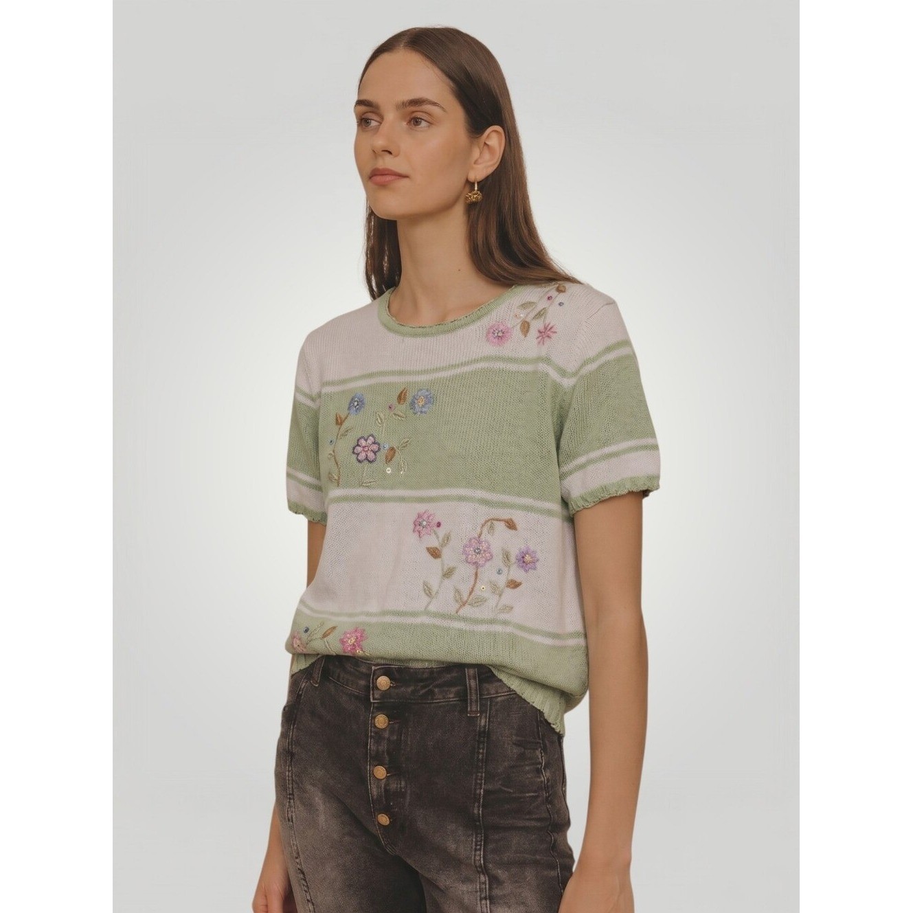 Vintage Sage Green Floral Embroidered Knit Top XL Cottagecore Granny Chic Coquet