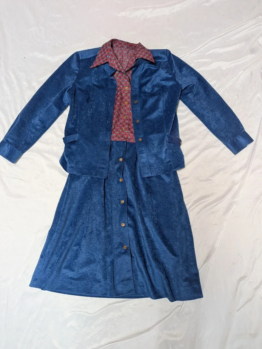 Vintage 70’s Button Front Blue Velour Dress & Jacket Anjac By Marc Needleman