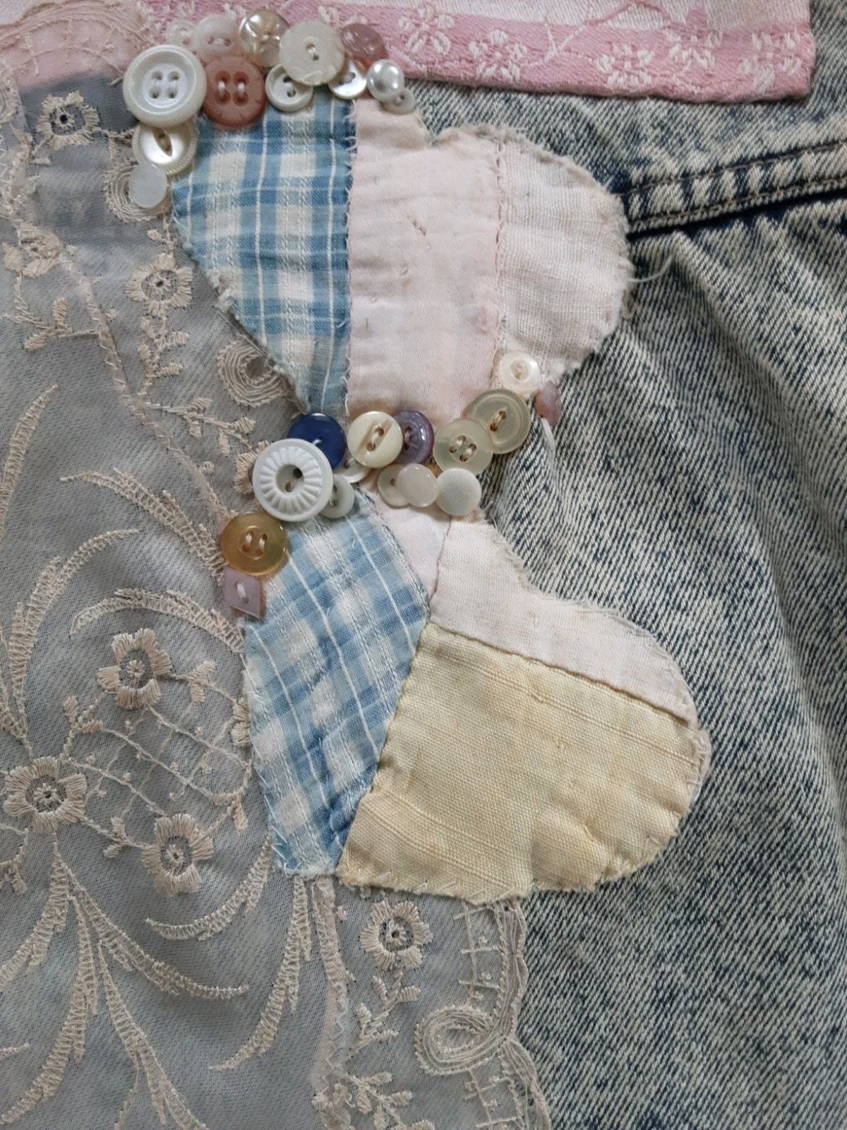 VTG Denim & Old Lace Embellished Jacket Embroidery Boho Chic Cottagecore M-L