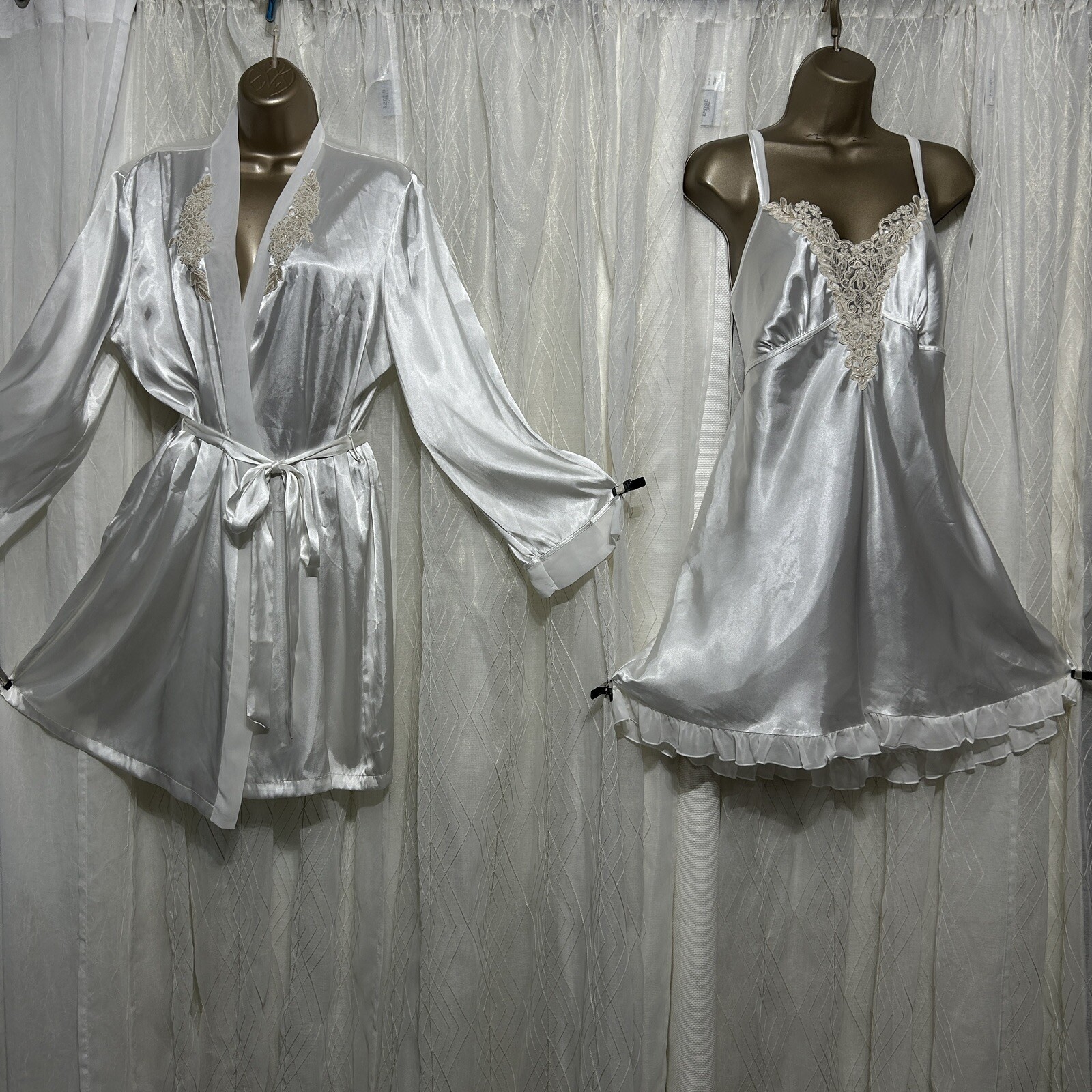 VTG XL 1X Bridal White Babydoll Teddy Lace Peignoir Satin Silky Shiny Negligee