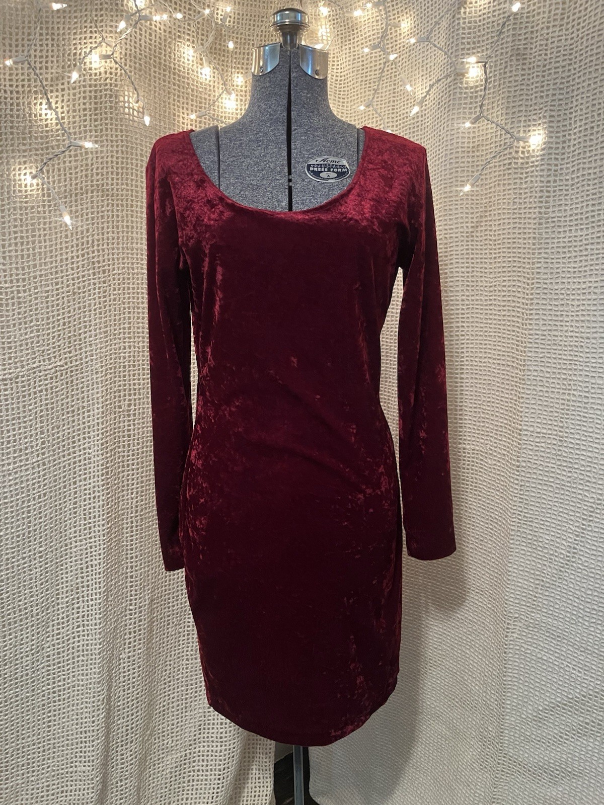 Vintage 90s Crushed Velvet Midi Dress Size L Grunge Goth Burgundy Long Sleeve