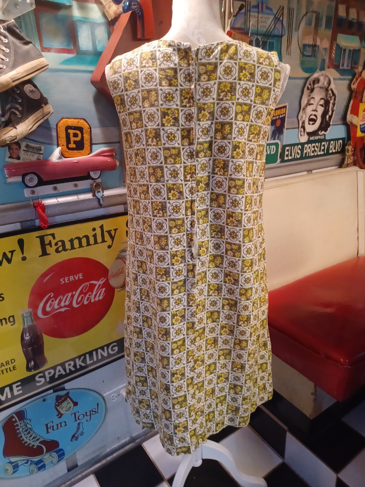Vtg Mid-century 1960s A-Line Shift Sleeveless Dress MCM Mod Sundress Avocado Gr