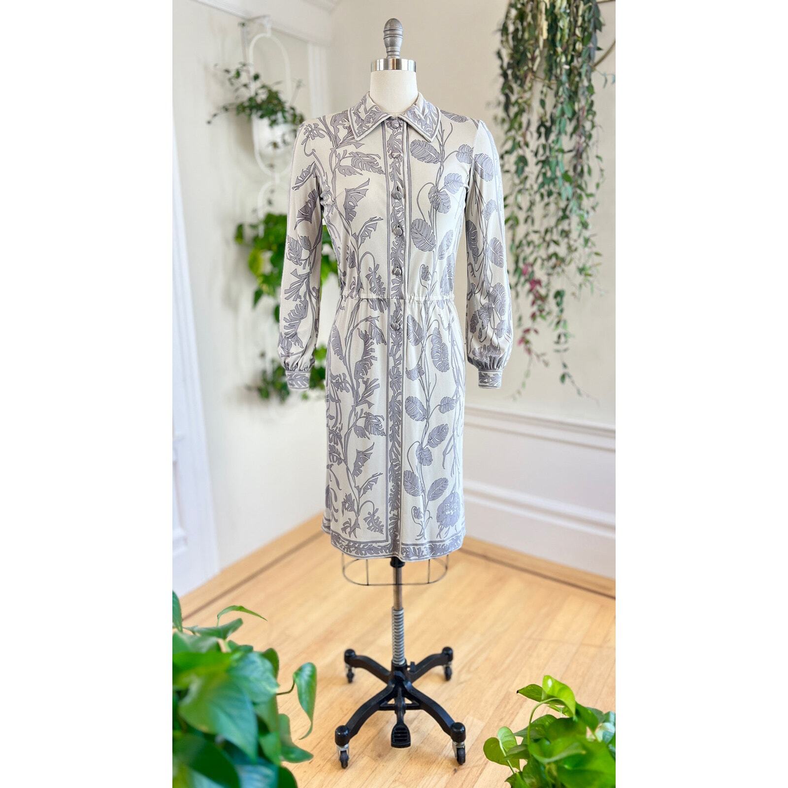 Vintage 1960s EMILIO PUCCI Dress 60s Silk Jersey Floral Leaves Shirtwaist Sheath