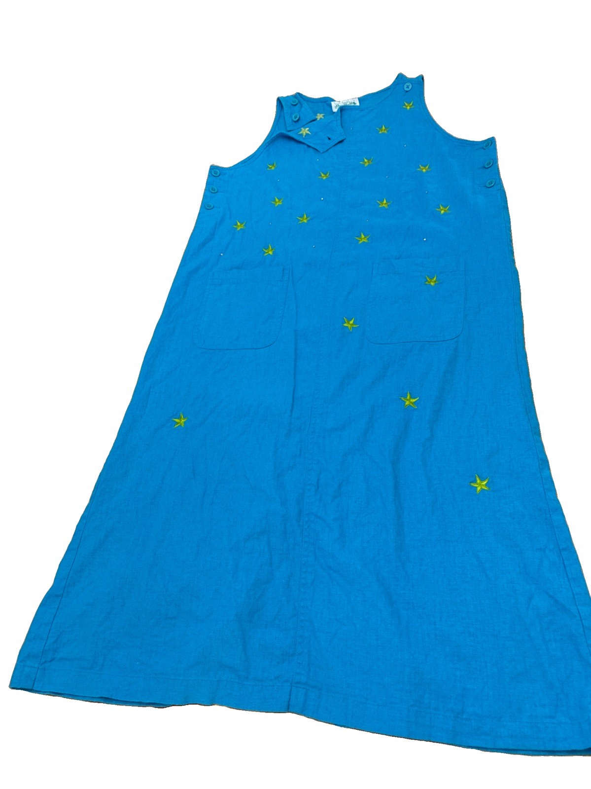 Vintage Quaker Factory Large Aqua Blue Celestial Linen/ Rayon Dress Pocket