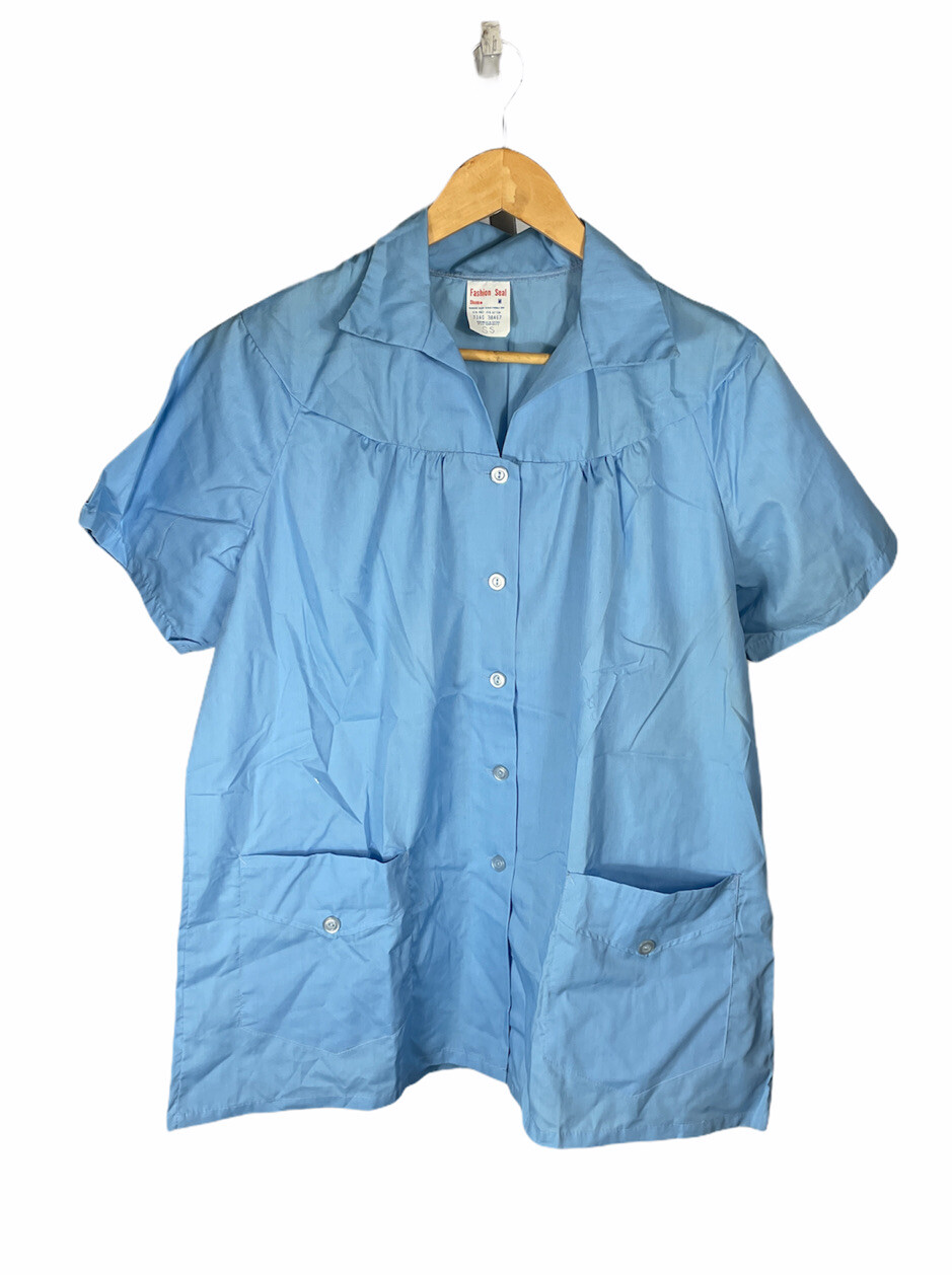 Vintage 70s Fashion Seal Shane Collared 2 Pocket Blue Nurse Scrub Shirt Size M