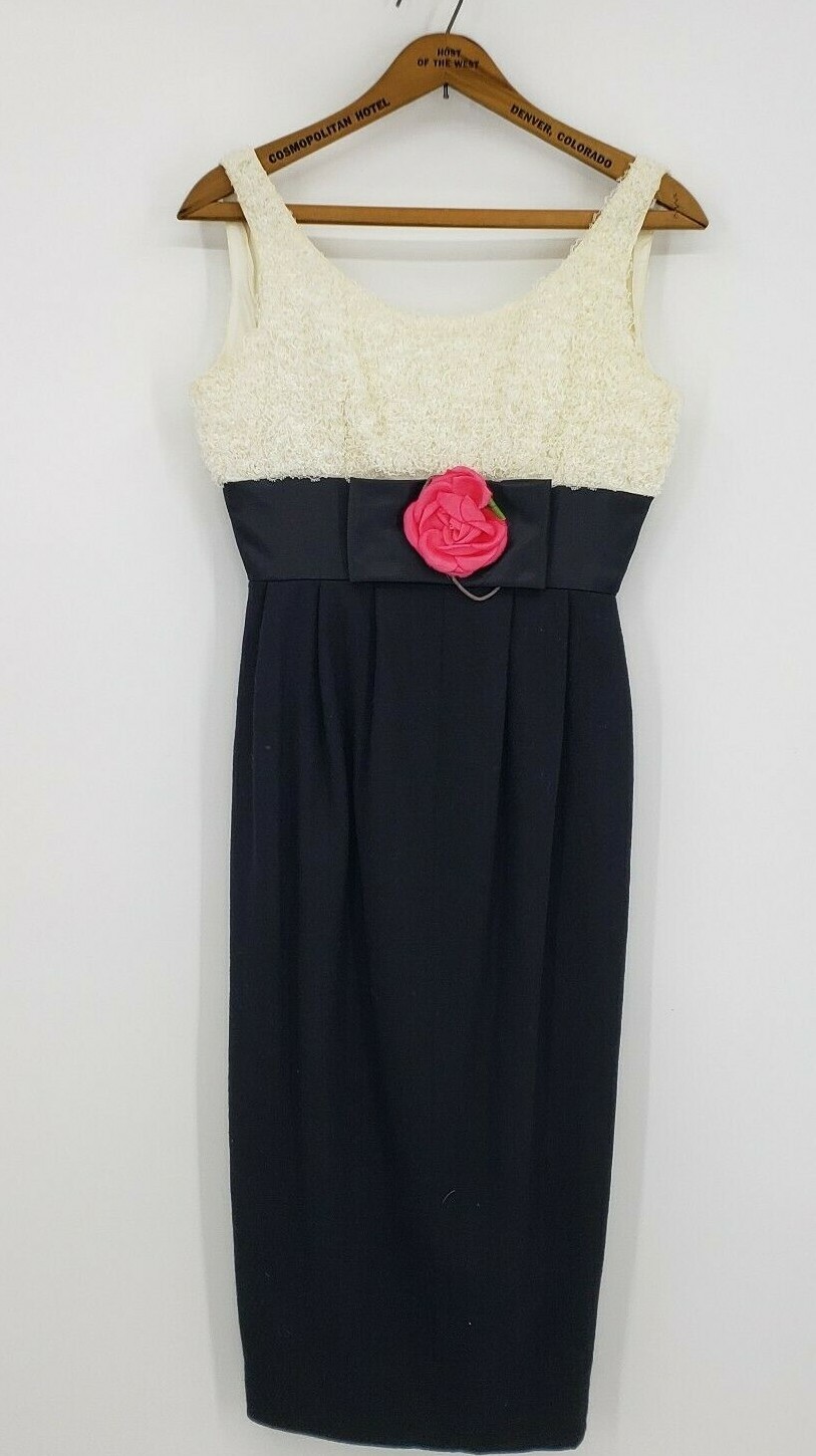 Vtg Jerell Jr Dress Womens Small? Black Ivory Lace Pink Rose