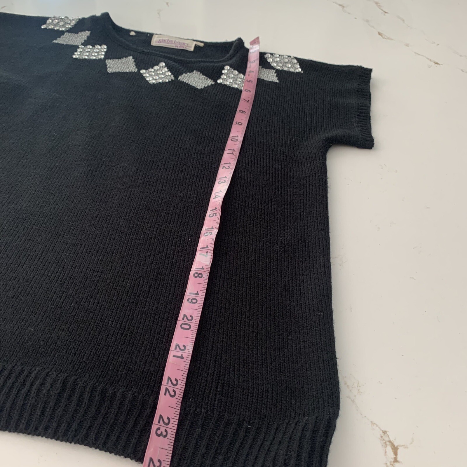 Vintage Gladys Bagley Black Sweater w Silver Triangular Sequined Neckline Size S