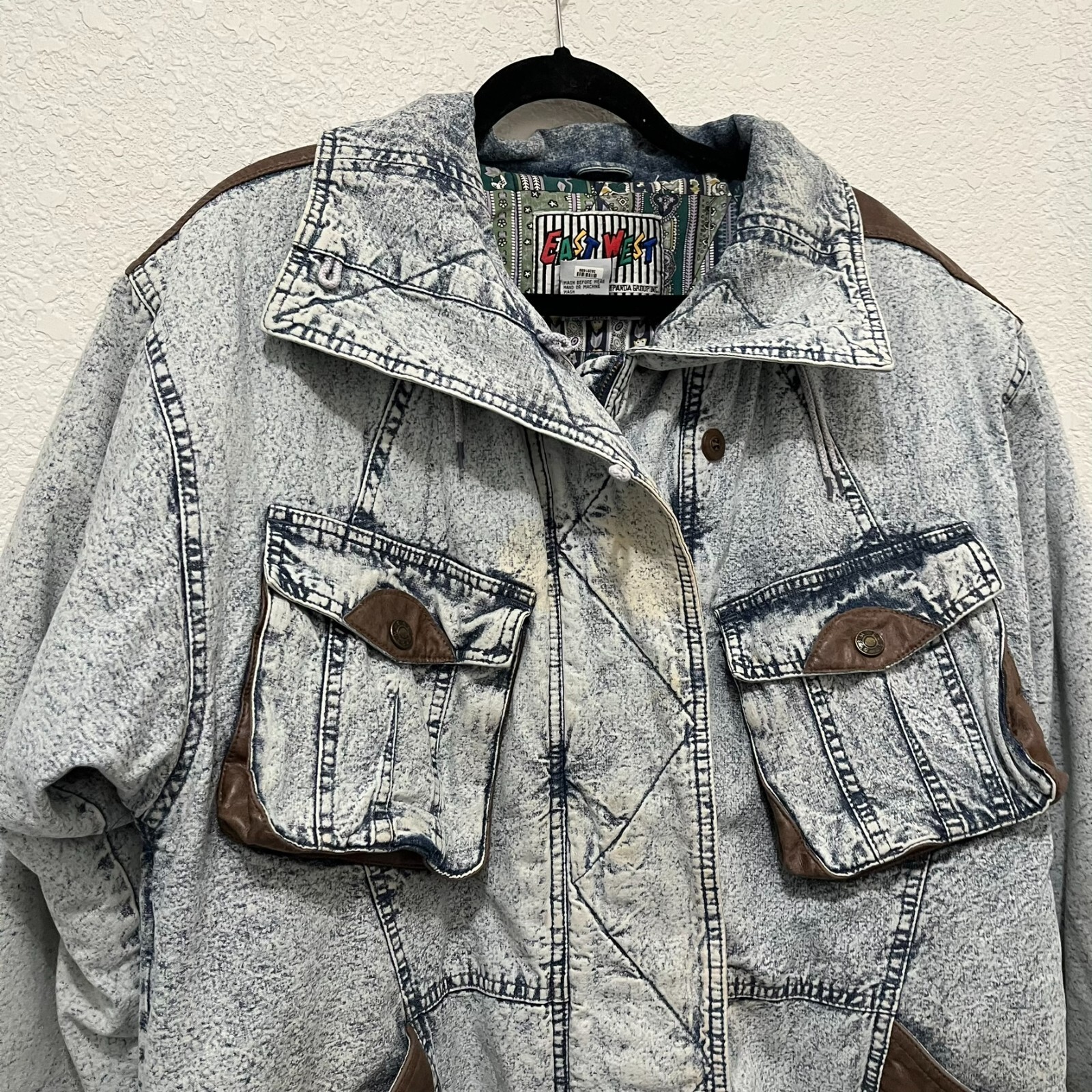 Vintage 80’s East West Acid Stone Wash Denim Coat Blue Jean Jacket Womens Sz XL