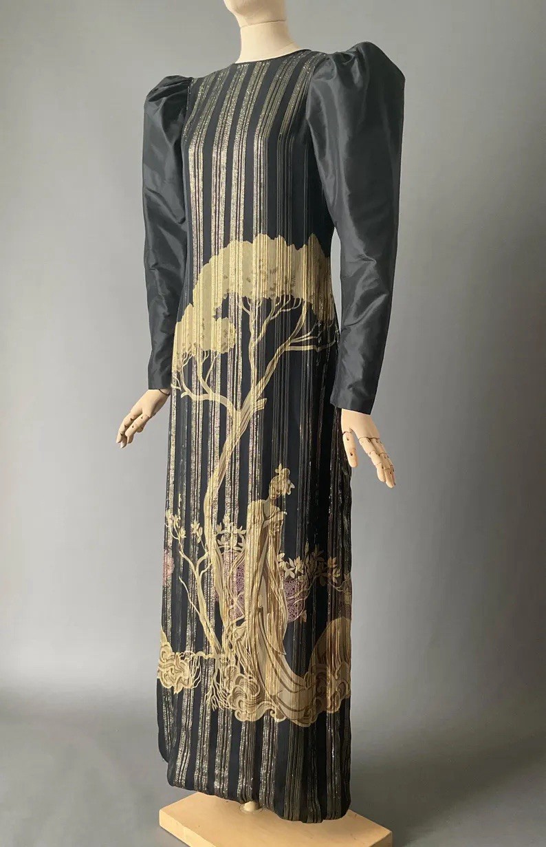 Vtg 80s Richilene Dress Gown Black Chiffon Gold Stripe Japanese Garden Medium