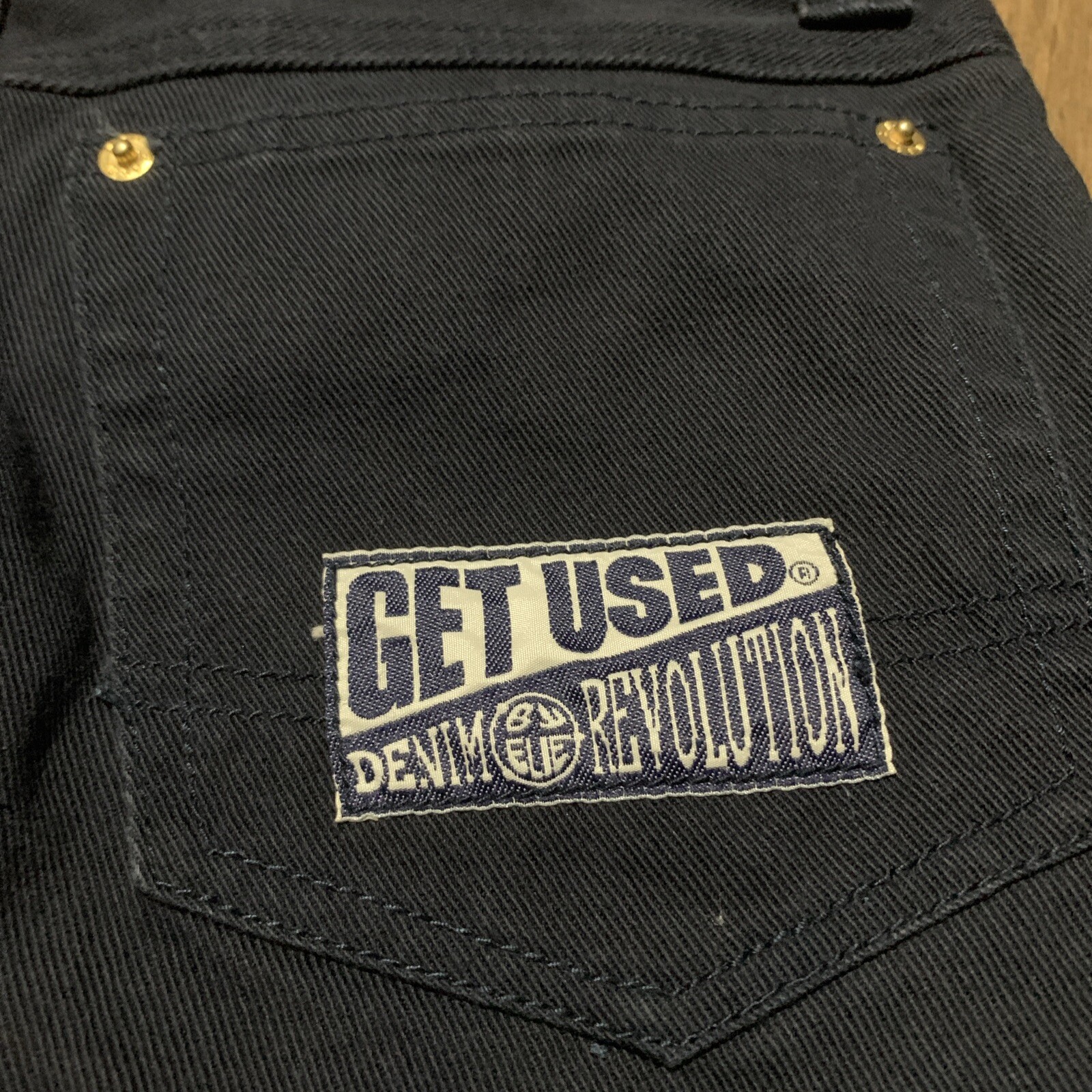 VTG Get Used by Elie Denim Pencil Skirt Size 31 Navy Blue Gold Satin Wings Star