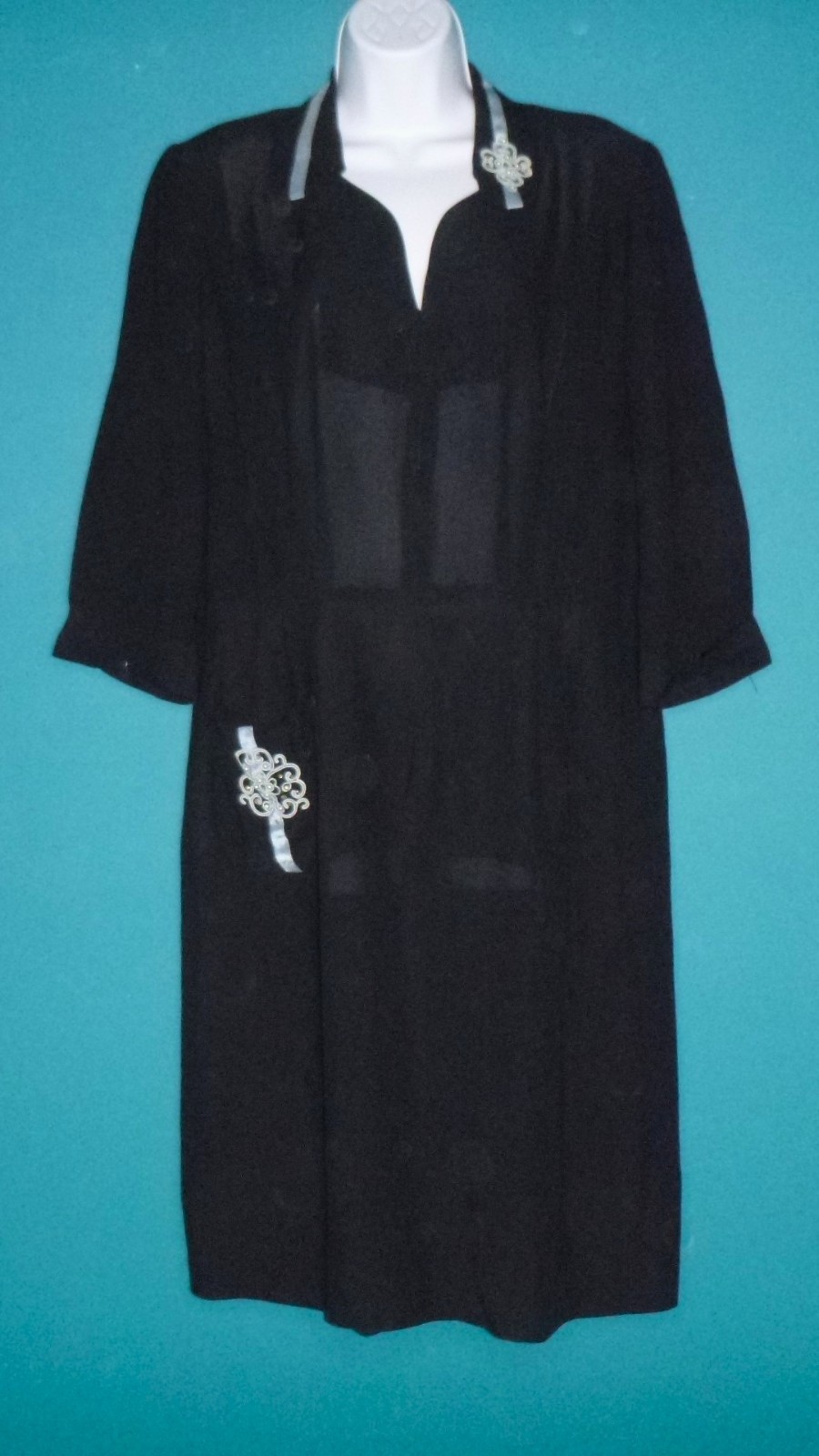 Vtg 1940s Black Crepe Dress Ribbon Pearl Rhinestone Accents VOLUP Sz XL/XXL