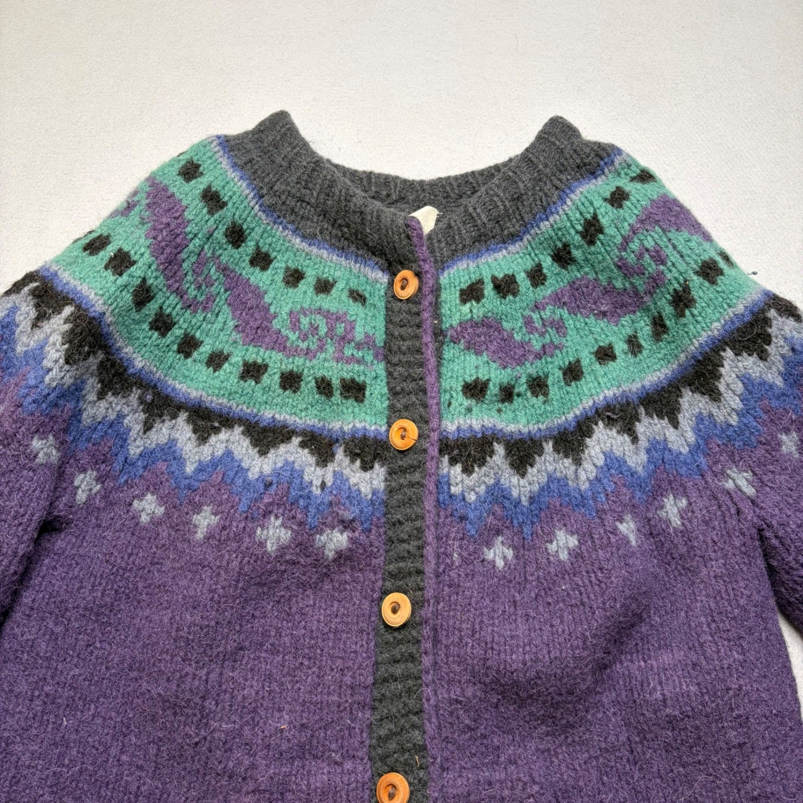 Bolivian Hand Knit Cardigan Women L Purple Teal Fair Isle Wool Vintage Sweater
