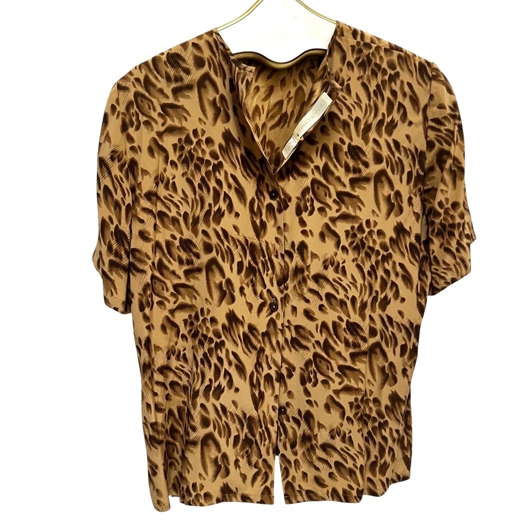 Vintage 90 Dana Buchman Silk Leopard Print Blouse Brown Office Siren Mob Wife 8