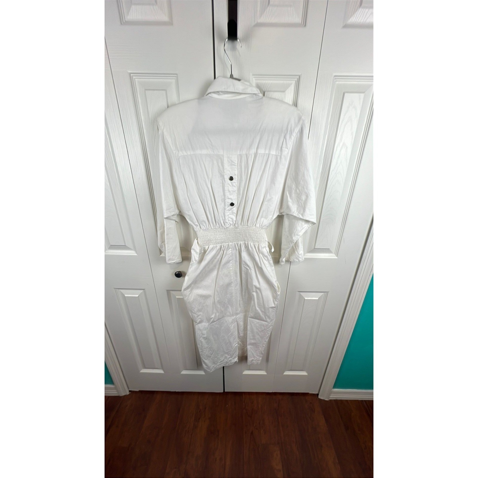 80s Western Shirt Dress Boho Coastal White Cotton Turquoise XS S