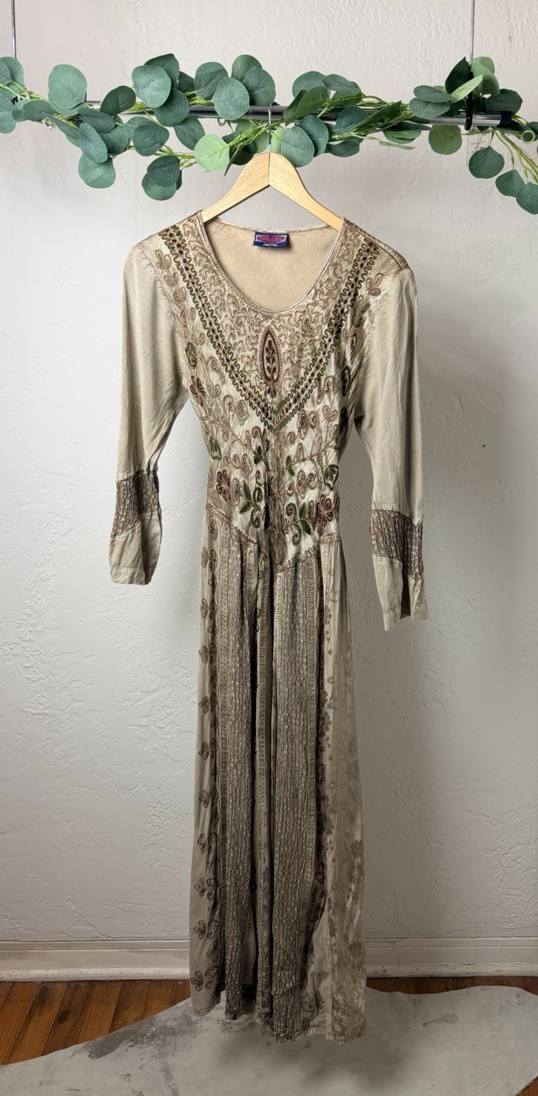 Vintage Indian Embroidered Rayon Maxi Dress Boho Cottagecore Belted Free Size