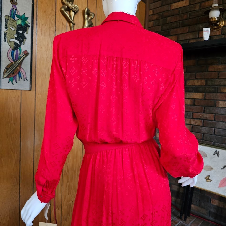 Vtg 80s Silk Jacquard Secretary Liz Claiborne Lipstick Red Femme Boss Dress S/M