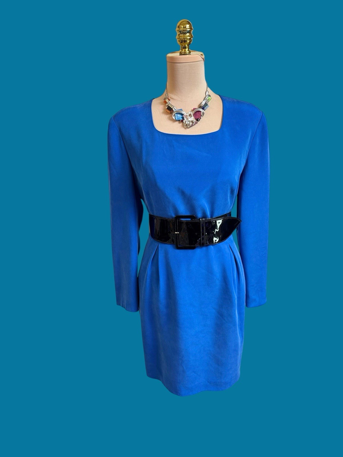 Vintage Patrick Petite Blue Silk Dress 12 80s 90s Power Shoulder Cocktail Mini