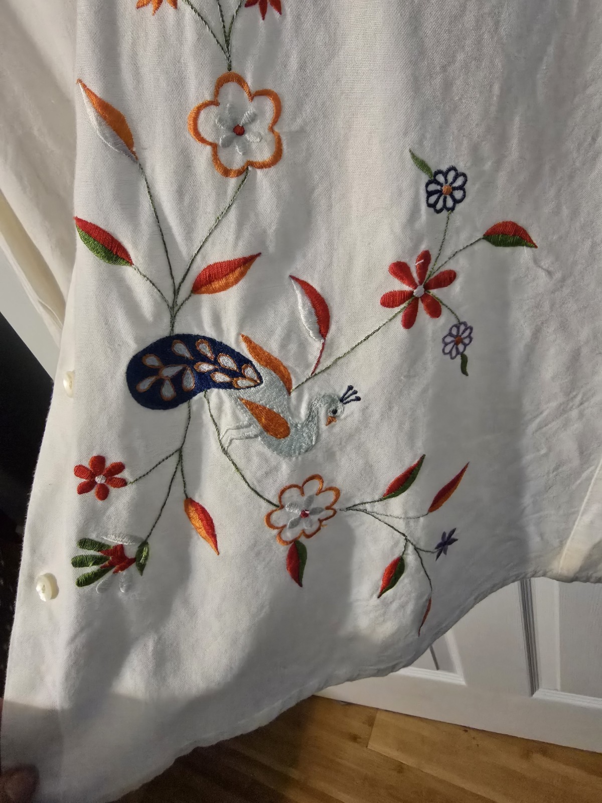 VTG Casey Coleman Embroidered Peacock Floral Linen Button Up Shirt Womens 1X