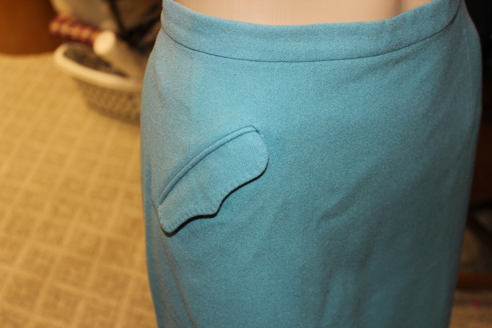 VTG 60s BLUE GREEN WOOL PENCIL WIGGLE SKIRT SPORTEMPOS CUSTOM-CONTOURED 25-26W