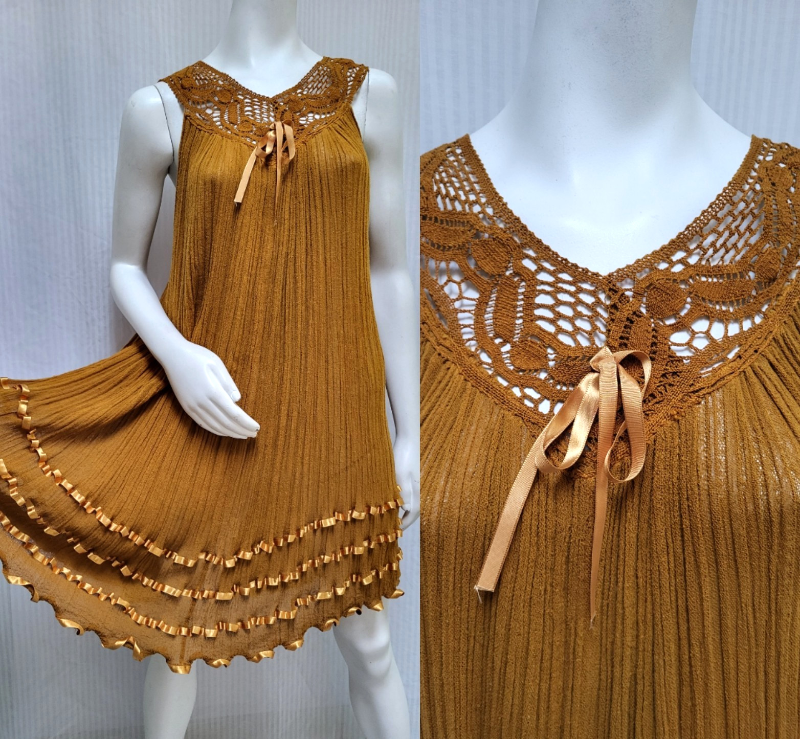 Vintage Gold Cotton Gauze Dress with Crochet & Satin Ribbon Trim – Size M/L -EUC