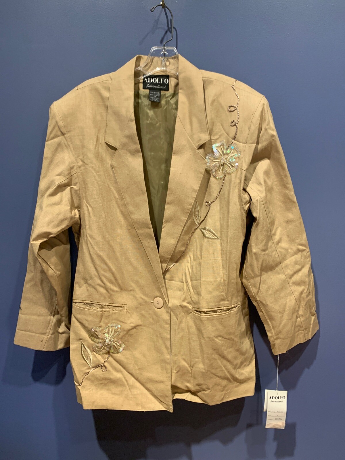 Womens Medium Linen Blend Jacket Blazer Embellished, Vintage Adolfo, Tan, NWT