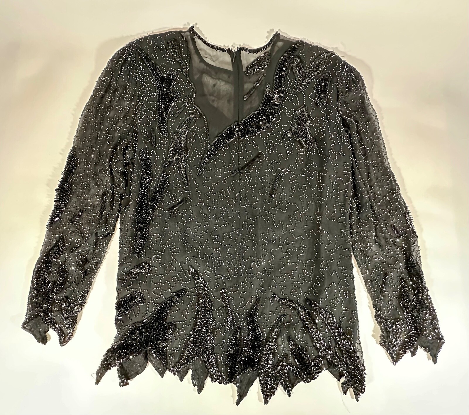 Vintage Sho Max Sheer Black Sequin Beaded Rhinestone Lined Top Blouse Sz M