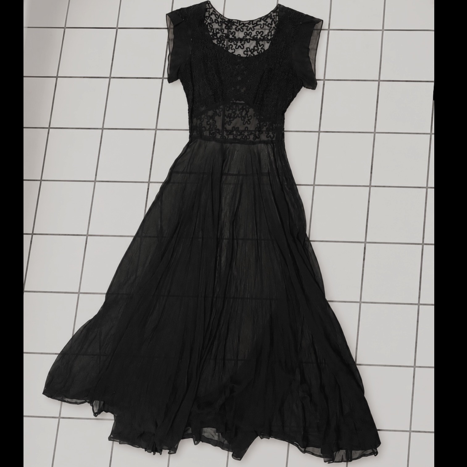 Vintage 1930s Black Chiffon Soutache Evening Gown Sheer Flutter Sleeve Dress