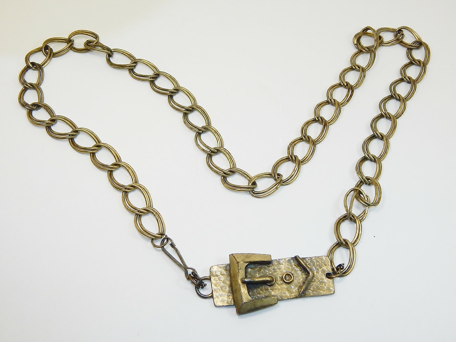 BRASS CHAIN BELT & BUCKLE, Vintage Womens 38″ Heavy Duty Brass Double Loop Chain