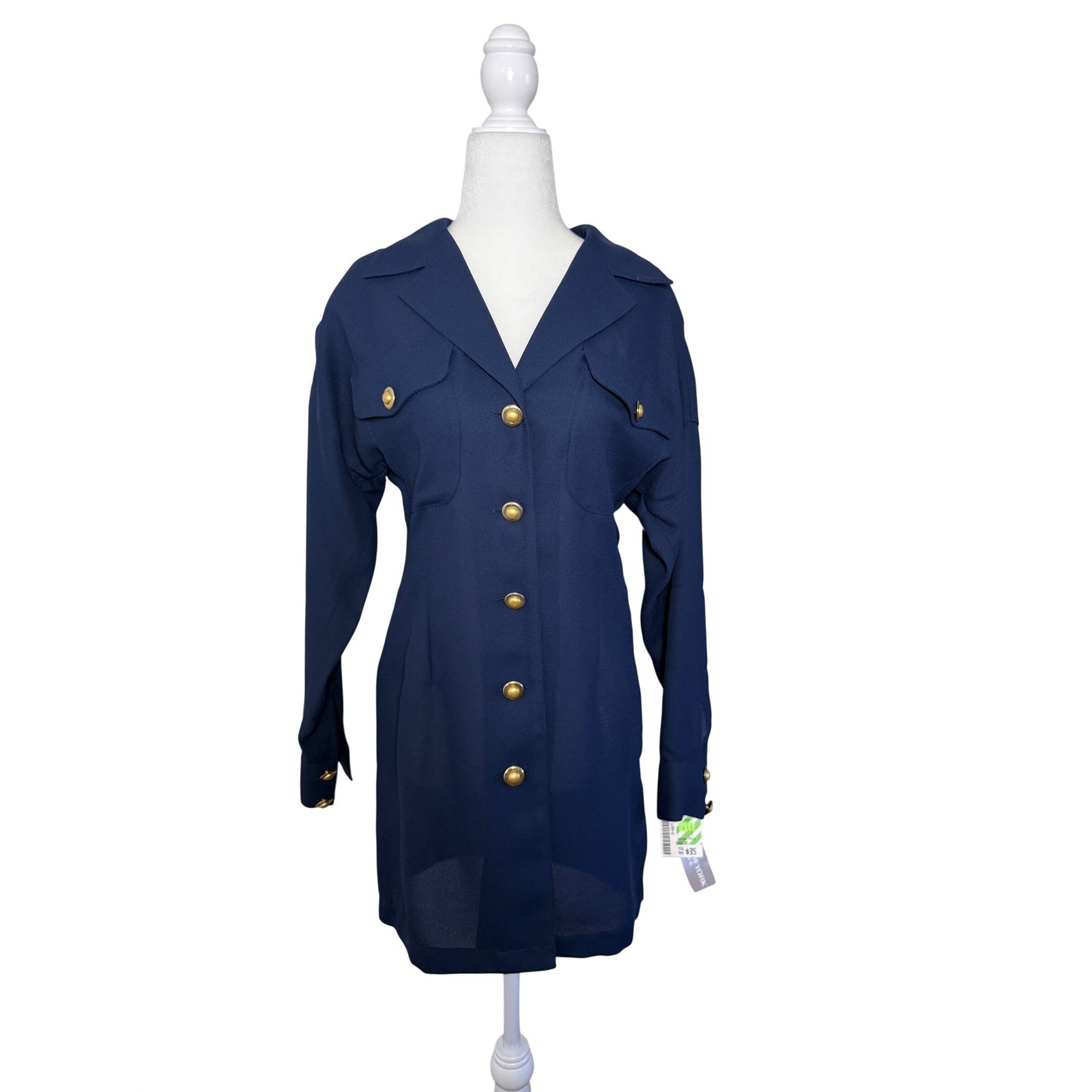 Vintage 80s 90s Jones New York Deadstock Blue Utility Mini Dress Gold Buttons