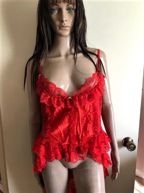 VTG TRES CHIC 60′ LINGERIE RED LACE TRIM SZ L