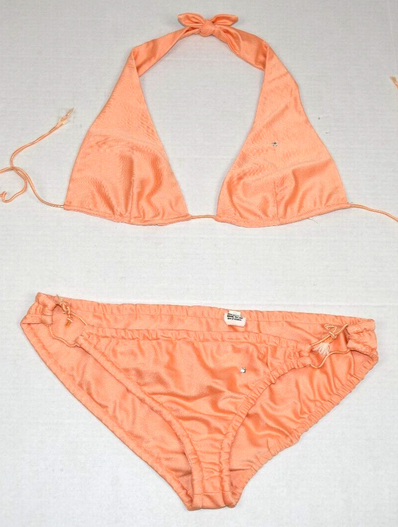 Vintage Shirt Bikini 3 Piece Set Size S/M 70s Melon Orange Bedazzled Silky