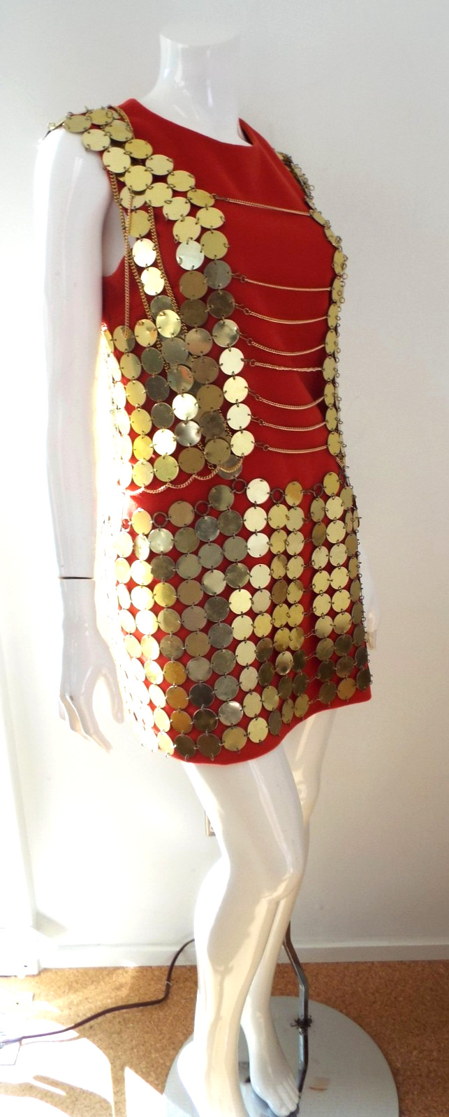 Vintage 1960s Gold Tone Metal Disc Chain Mail Vest Top & Skirt Dress Paillette