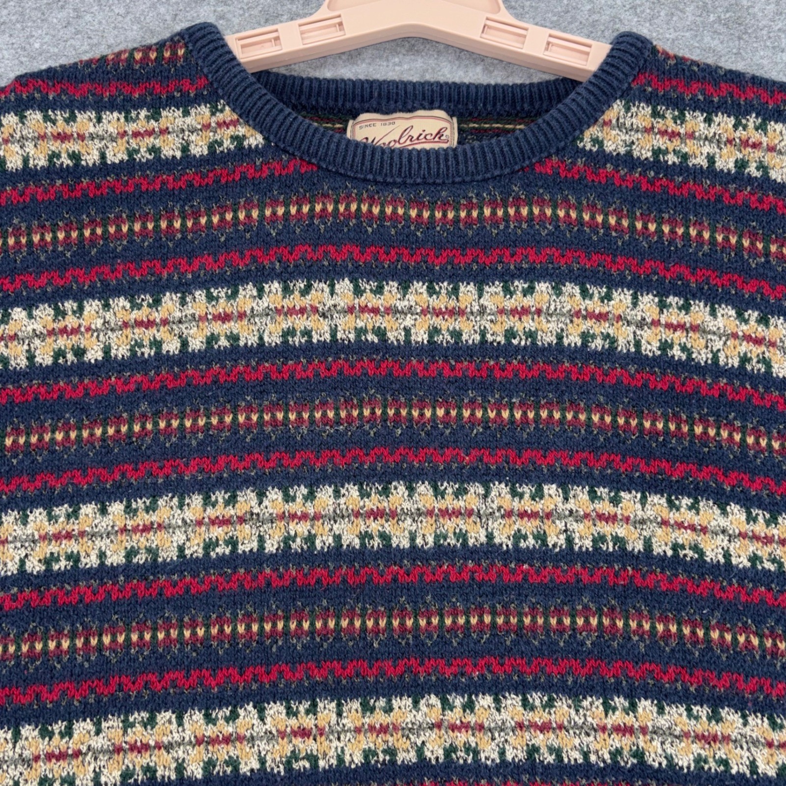 Woolrich Vintage USA Made Fair Isle Knit Sweater Navy Red Tan Womens Large