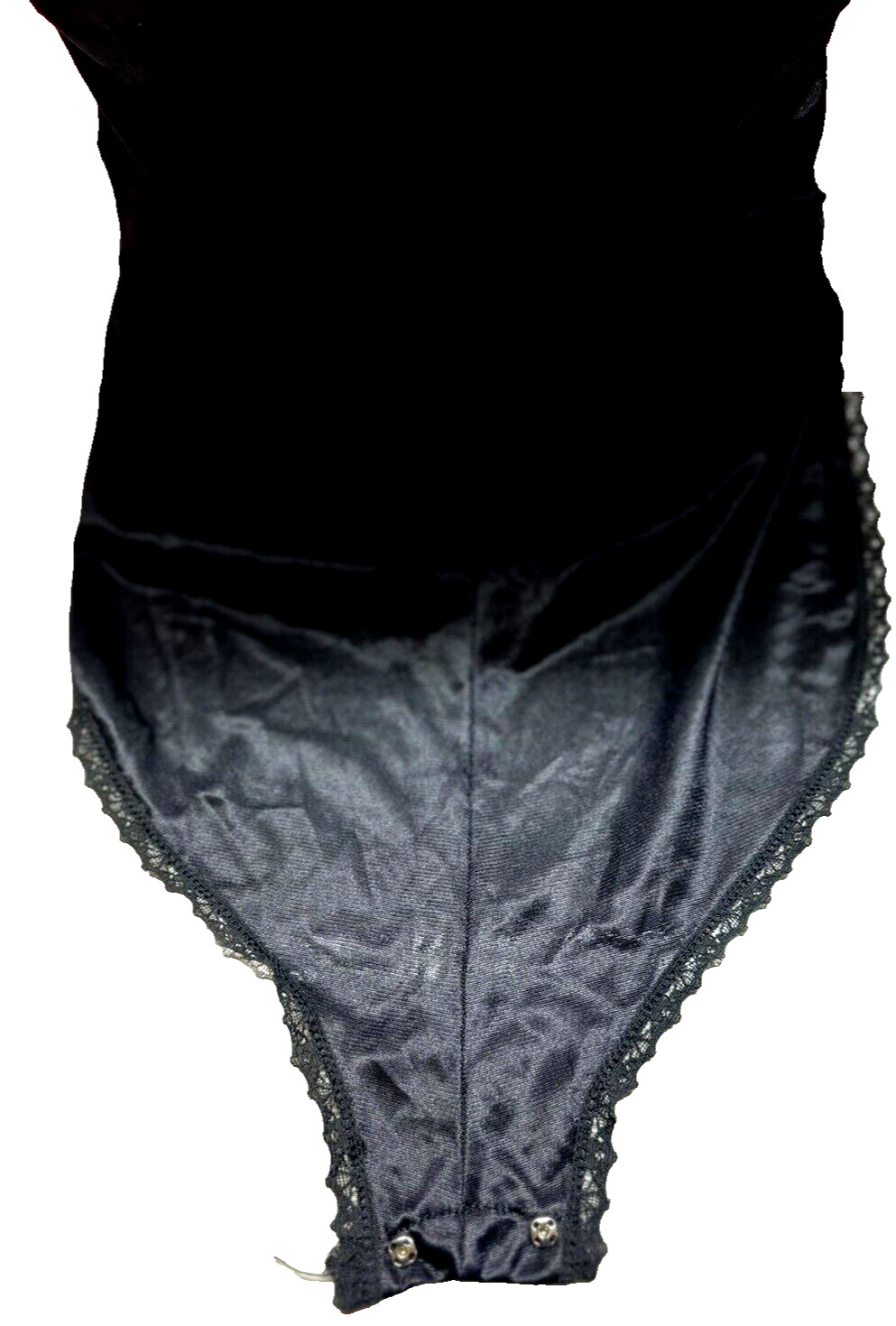 💖Vtg Delicates Sz S Lingerie Satin Nylon & Lace Black Slip Bodysuit Teddy Sissy