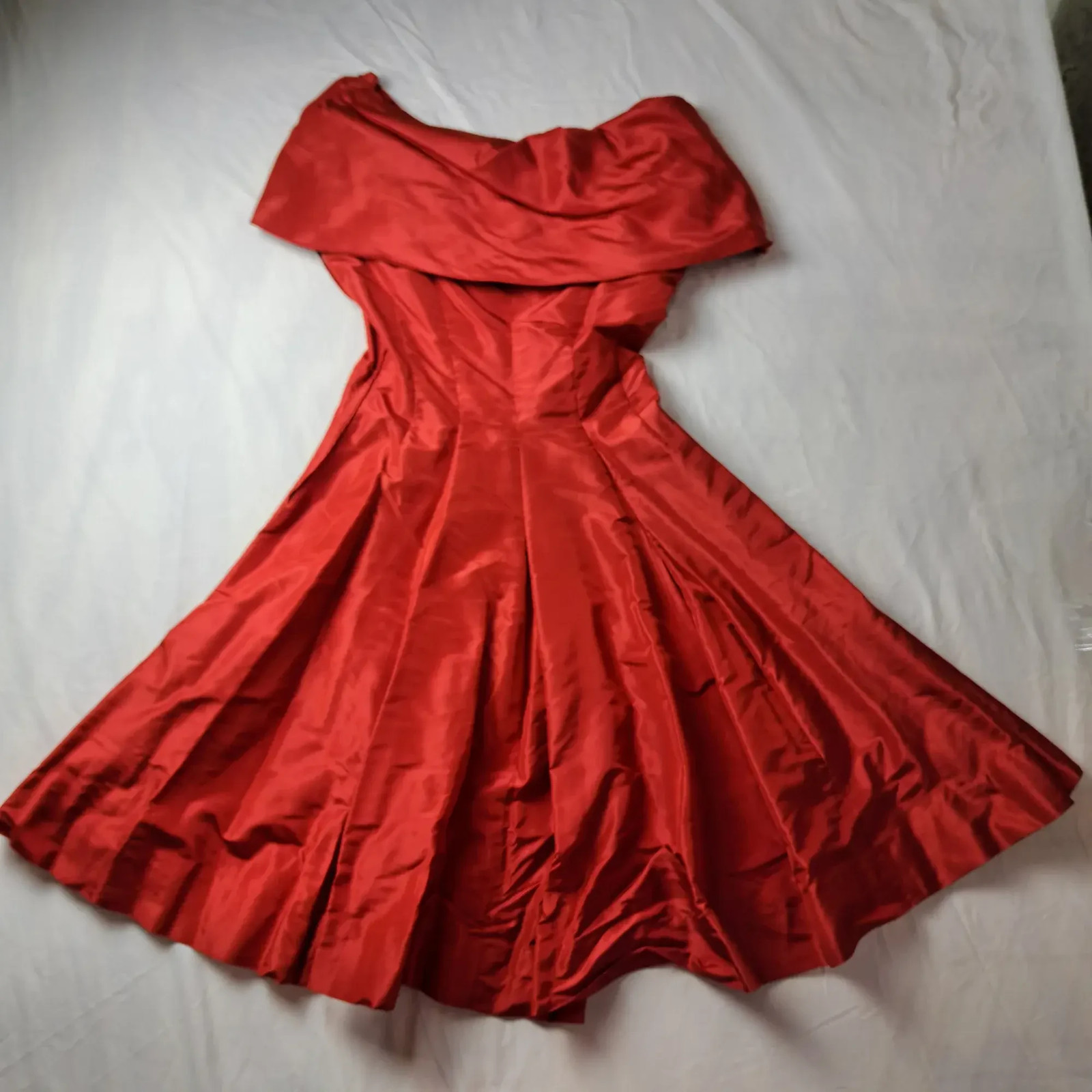 Crystal Room Vintage Red Satin Fit Flare Dress Full Skirt Double Breasted