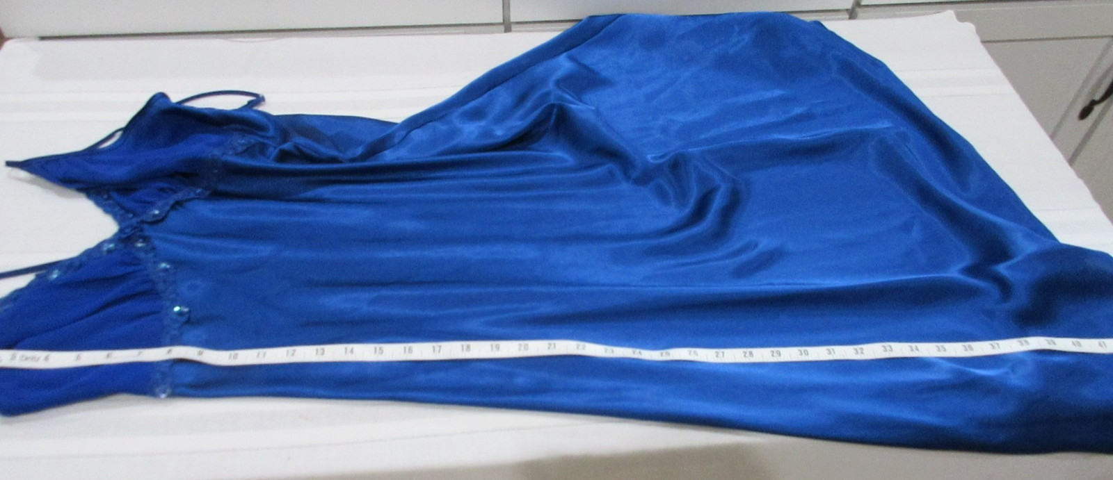 VTG 90’s SEARS INNER MOST BLUE SATIN W/ SEQUIN CHIFFON BODICE NIGHTGOWN SZ L