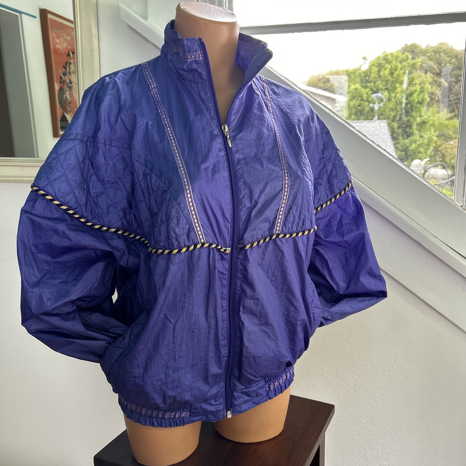 VTG 80s Windbreaker Tracksuit Jacket – Just For Petites Small-Purple Gold Quilt