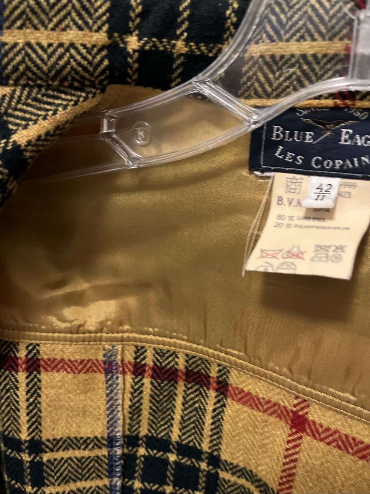 VINTAGE Les Copains Blue Eagle Yellow Plaid Jacket Italy Sz 42 Wool Blend Grunge