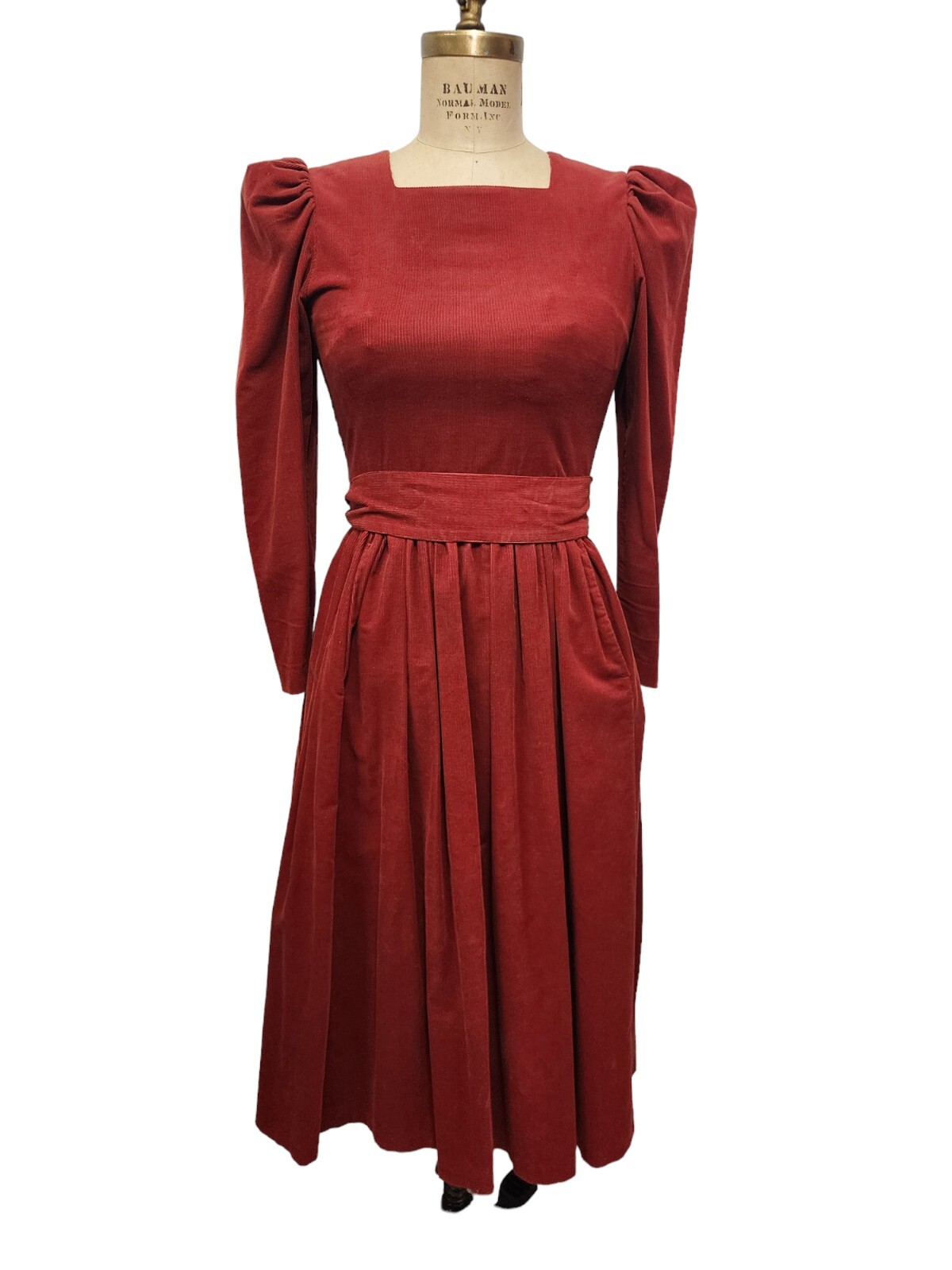 Vtg 80s Laura Ashley Dress Corduroy Orange Puff Sleeve Pockets Belt UK 10/US 6