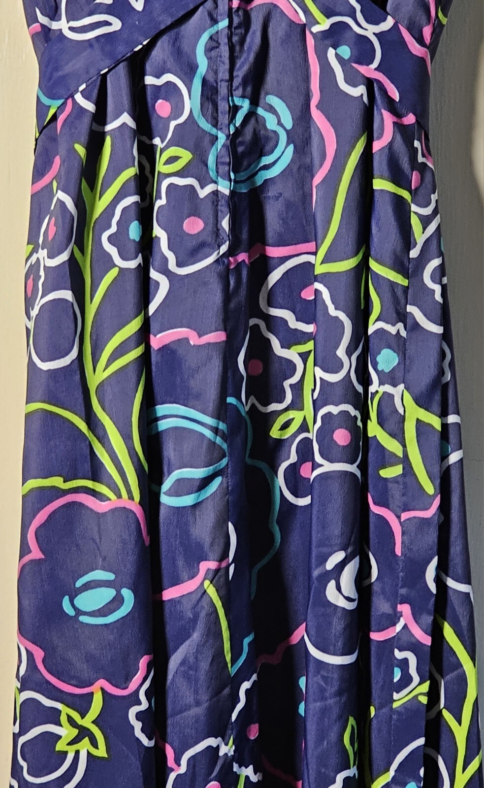 VTG 70’s Dress Handmade Women 34″-Chest Blue Pink Green Floral Hawaiian Maxi